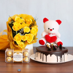 Yellow Rose Rocher & Teddy With Chocolate Cake.